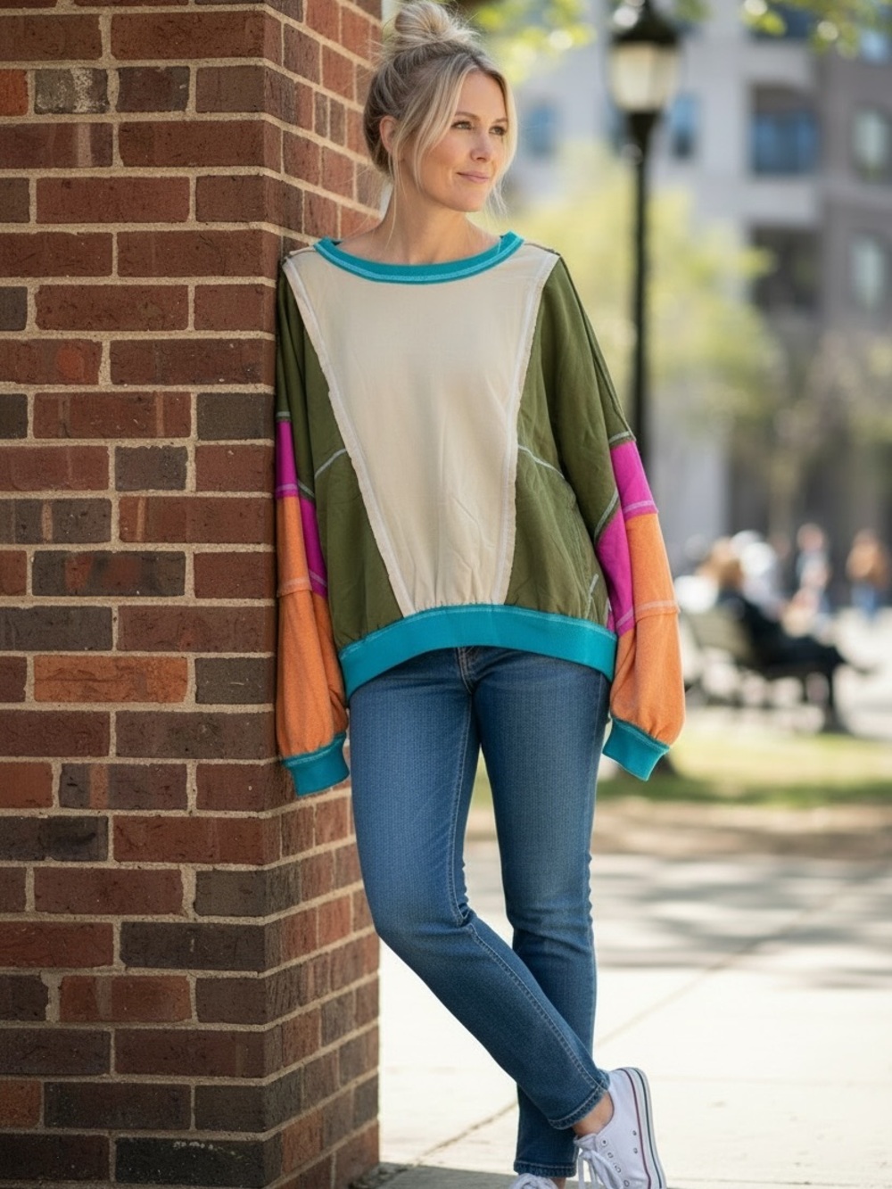 Bibi OS Colorblock Relaxed Pullover Sweatshirt in Olive, Cream, Pink & Teal